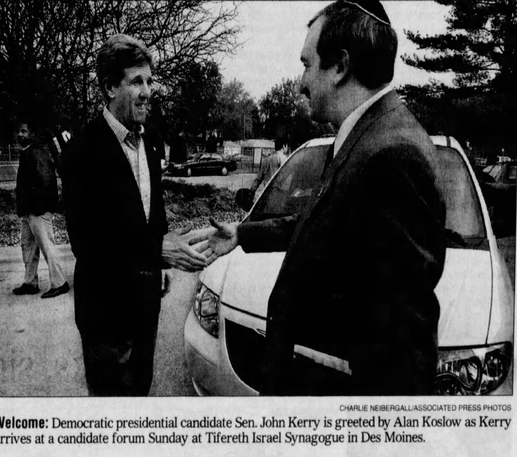 Alan Koslow greeting U.S. Senator John Kerry at a presidential candidate forum in Des Moines, early 2000s